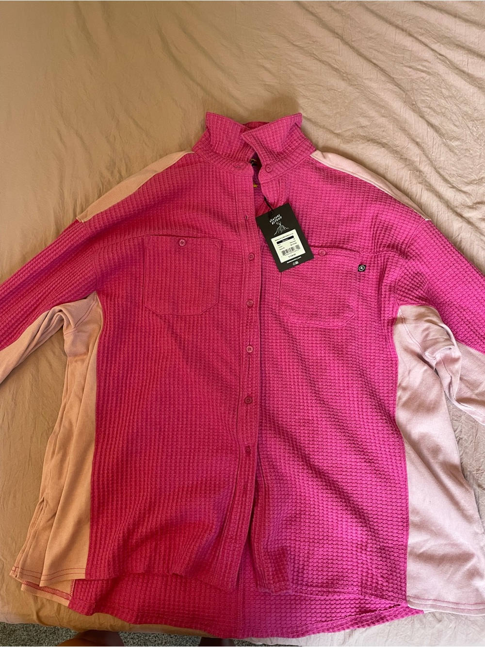 Women’s Pink Button-Down Waffle Knit Shirt with Contrast Panels